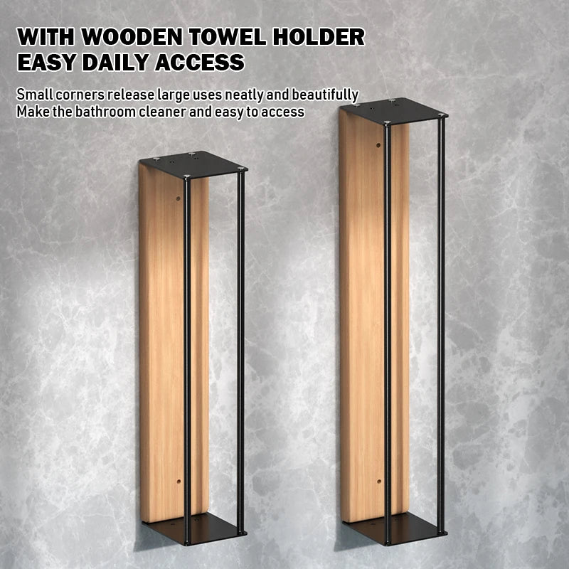Bathroom Wall Mounted Towel Rack with Wooden Shelf Metal Frame Towel Organizer