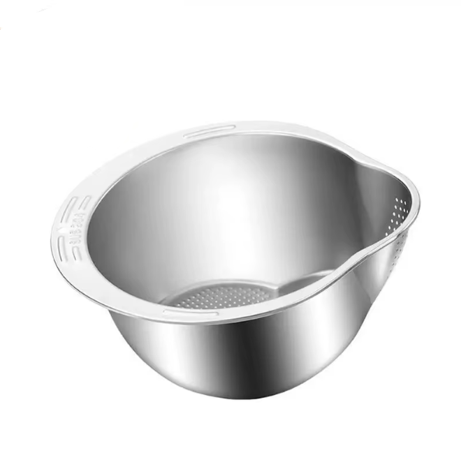 Stainless Steel Rice Washing Bowl with Integrated Strainer Colander for Rice Fruit and Vegetable Washing
