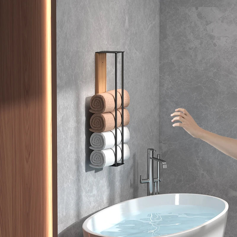 Bathroom Wall Mounted Towel Rack with Wooden Shelf Metal Frame Towel Organizer