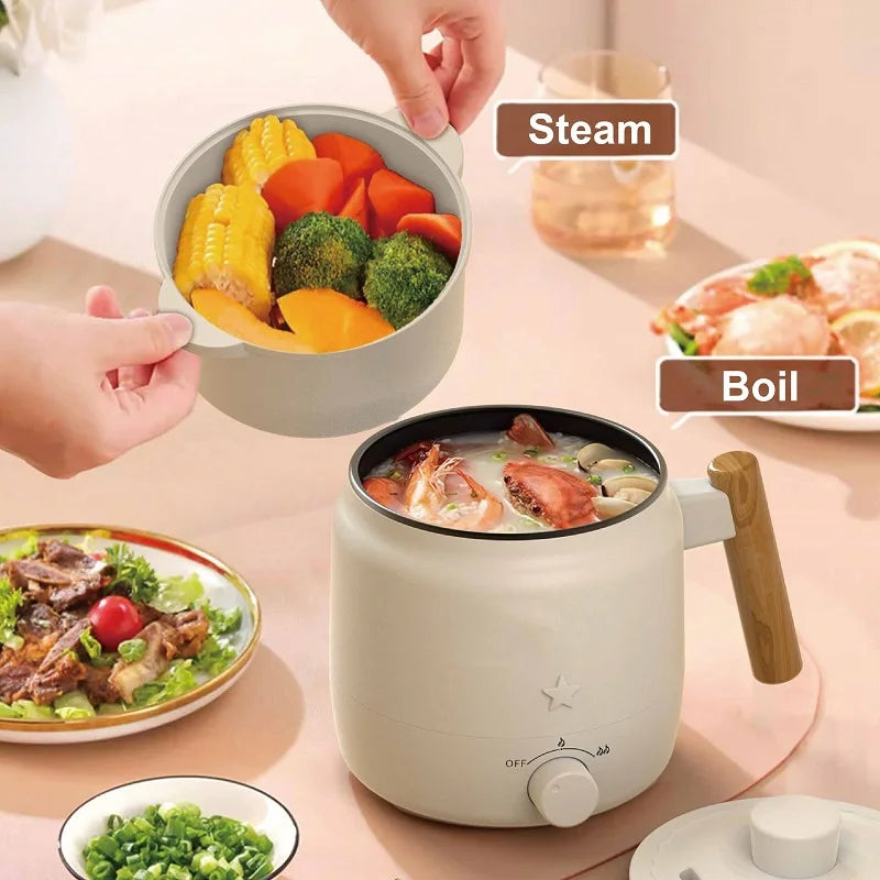 Portable Electric Hot Pot Cooker 1.2L with Steamer Dual Power 180W 350W for Noodles Soup Rice