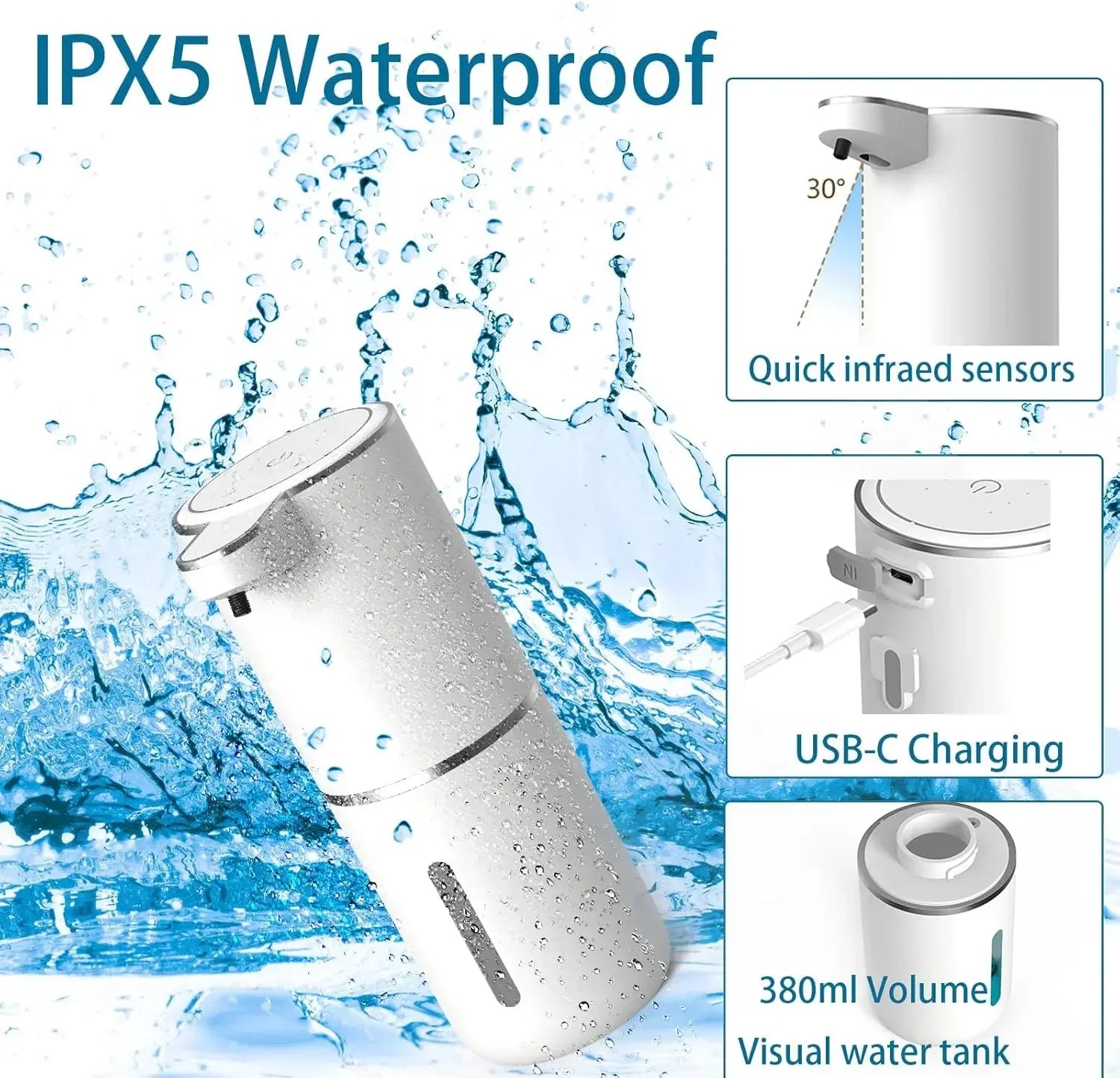Rechargeable Automatic Foam Soap Dispenser 400ml with Sensor Operation and USB Type-C Charging