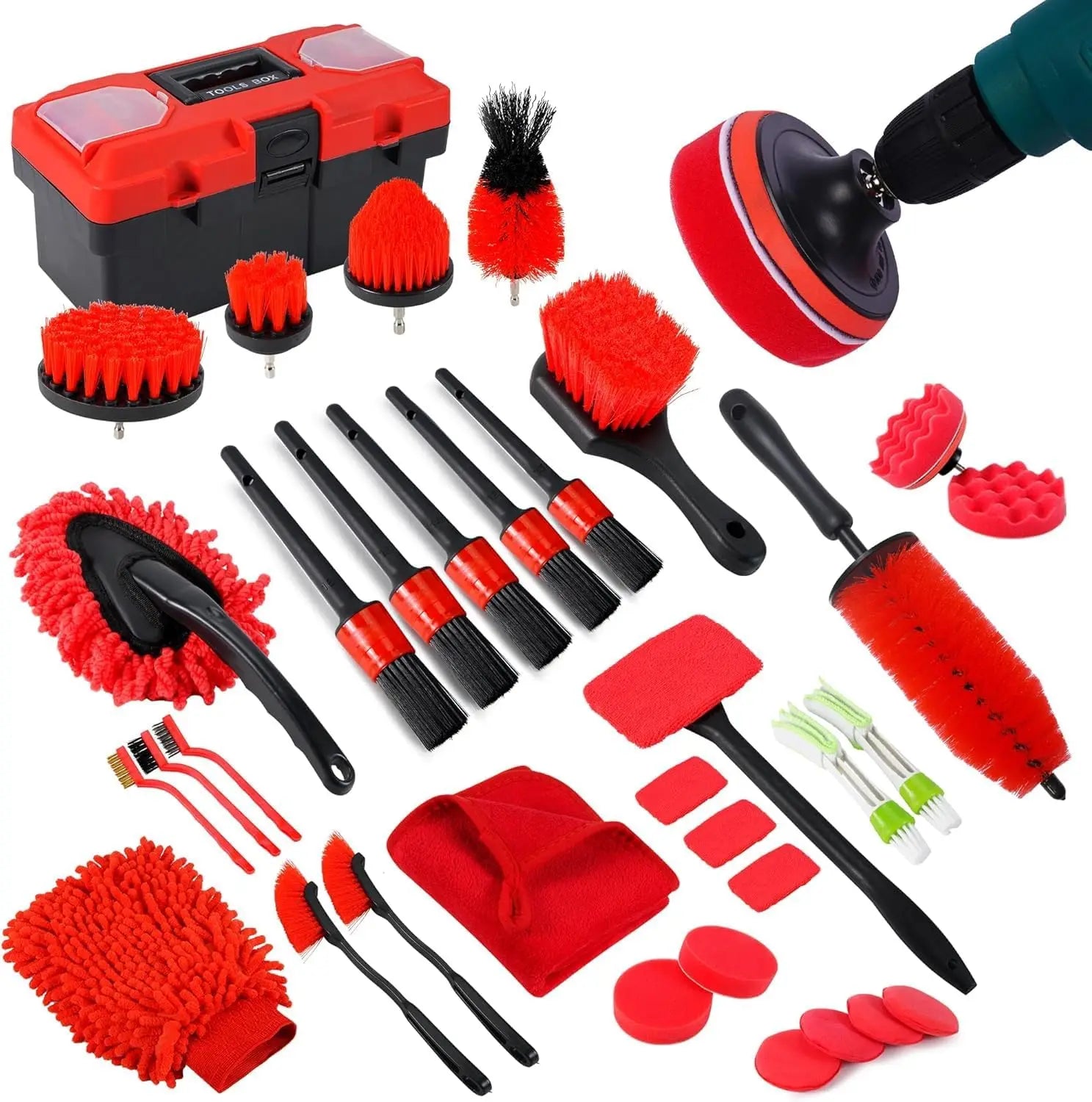 35 Piece Car Cleaning and Detailing Kit with Drill Brush Set, Tire Brushes and Tool Storage Box