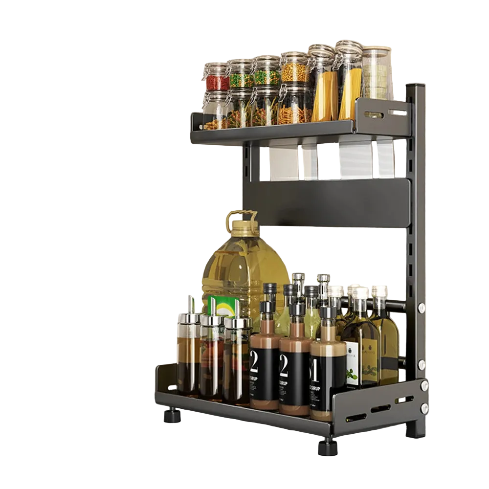 Adjustable Spice Storage Rack for Countertop 2 Tier or 3 Tier Metal Kitchen Organizer Shelf with Drawer Black
