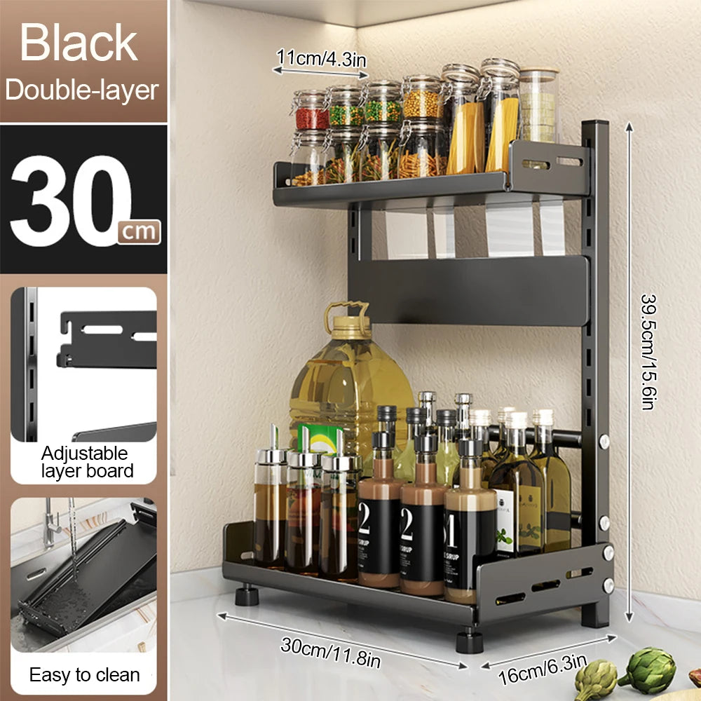 Adjustable Spice Storage Rack for Countertop 2 Tier or 3 Tier Metal Kitchen Organizer Shelf with Drawer Black
