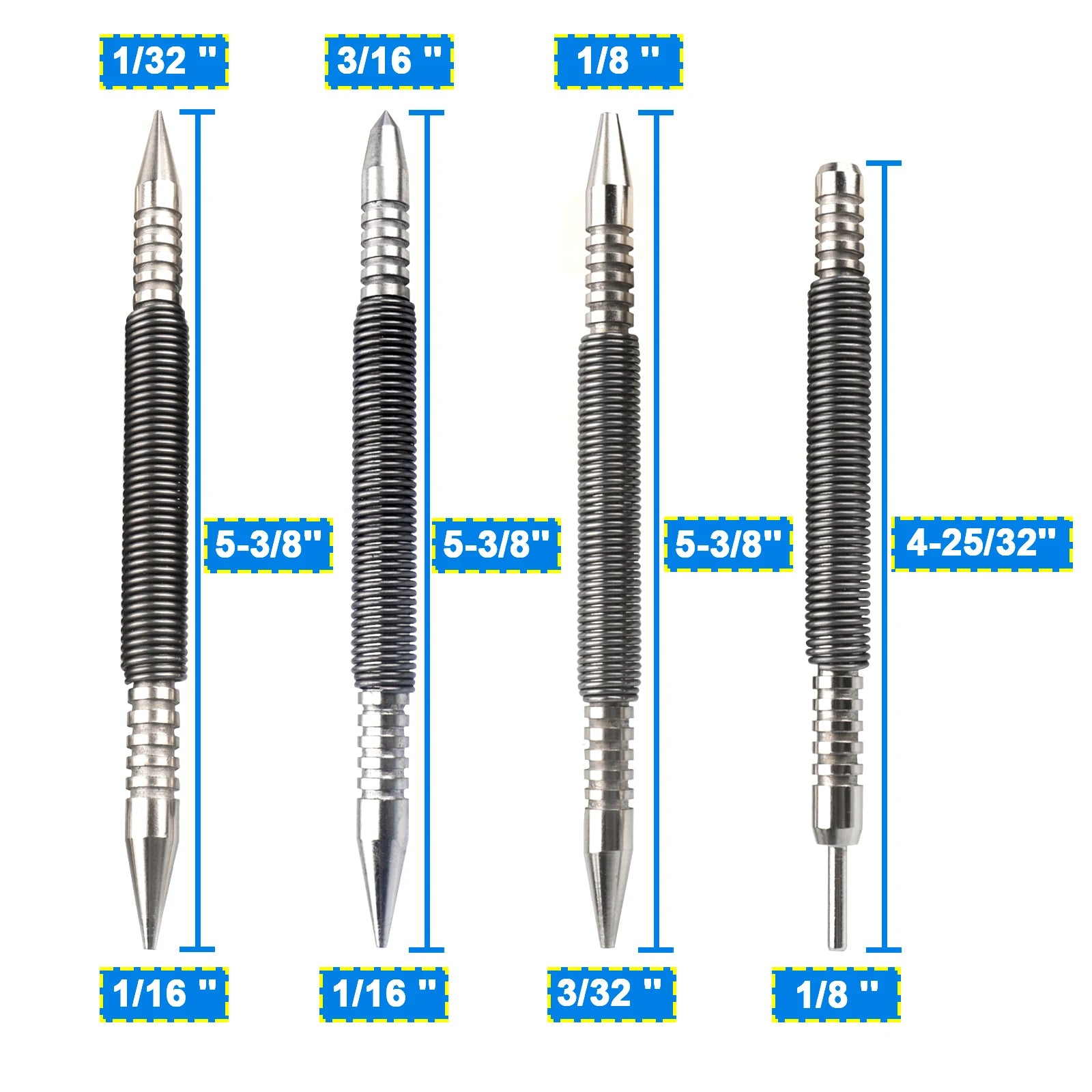 4-Piece Spring Loaded Nail Punch and Hinge Pin Removal Tool Set for Woodworking and Door Hinge Repair