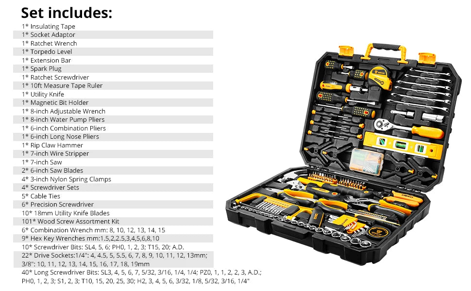 Heavy Duty 228-Piece Hand Tool Set with Socket Wrenches and Plastic Storage Toolbox