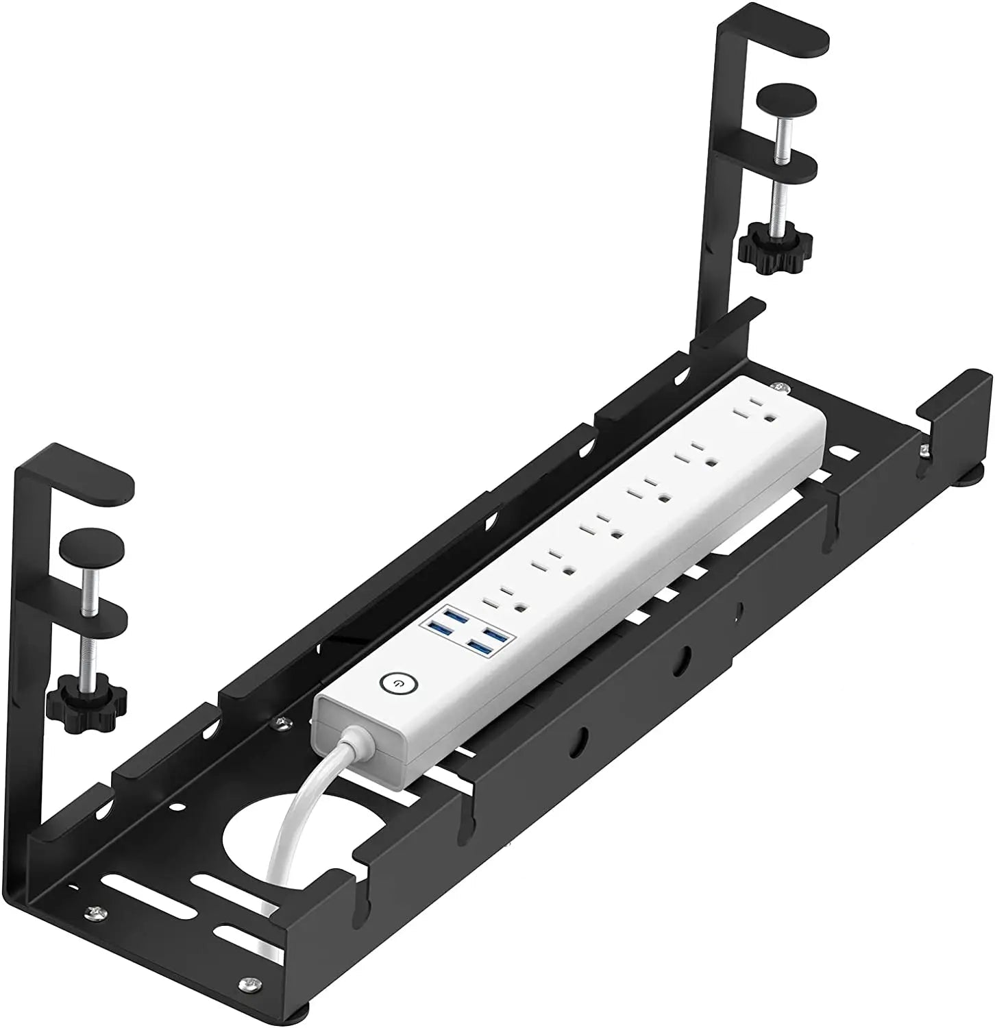 Under Desk Cable Management Tray Adjustable Metal Organizer Rack with No Drill Clamp Mount
