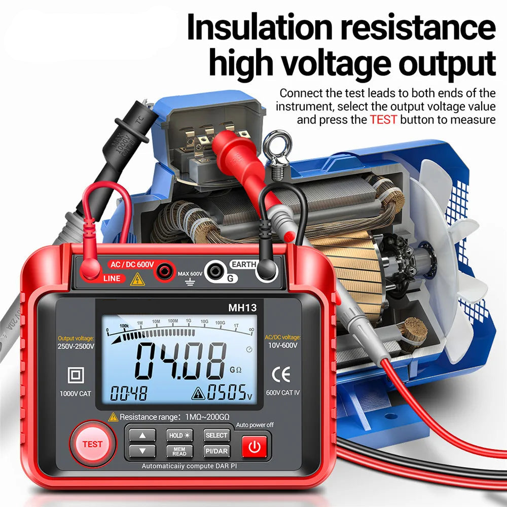 Digital Insulation Resistance Tester Megohmmeter with Backlit Display and Data Storage