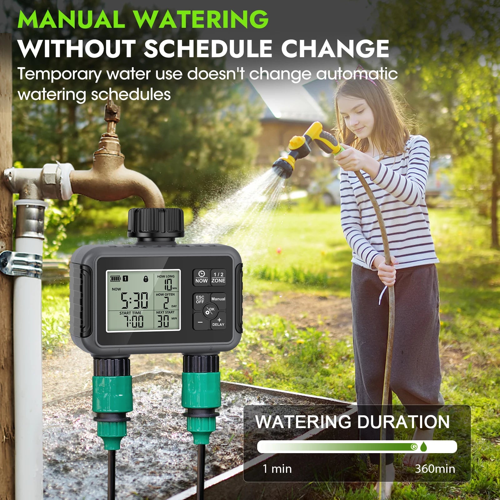 Smart 2-Zone Garden Hose Water Timer with Programmable Schedule and Rain Delay for Yard Irrigation