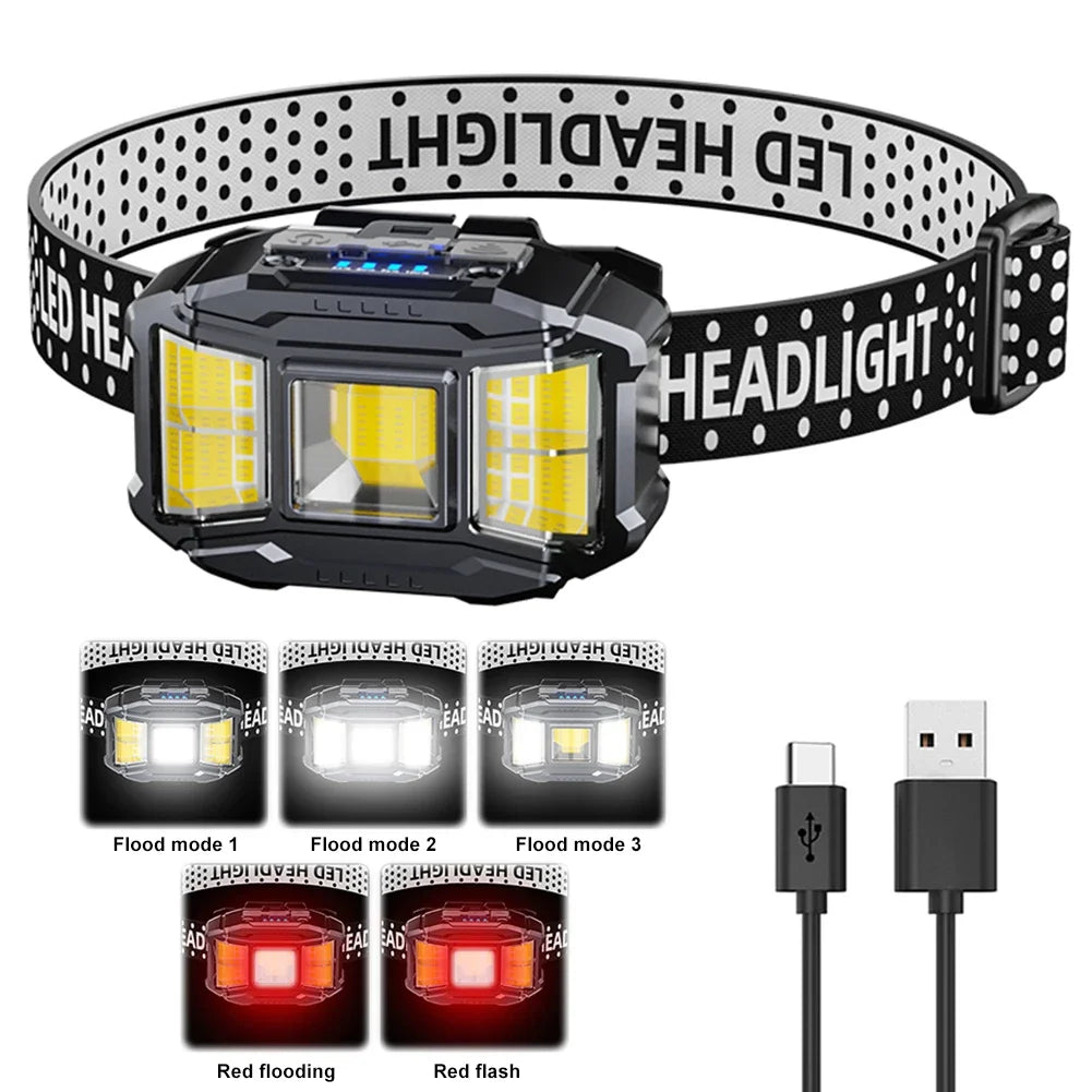 Lightweight COB LED Headlamp Rechargeable Head Torch with Power Display for Camping Fishing