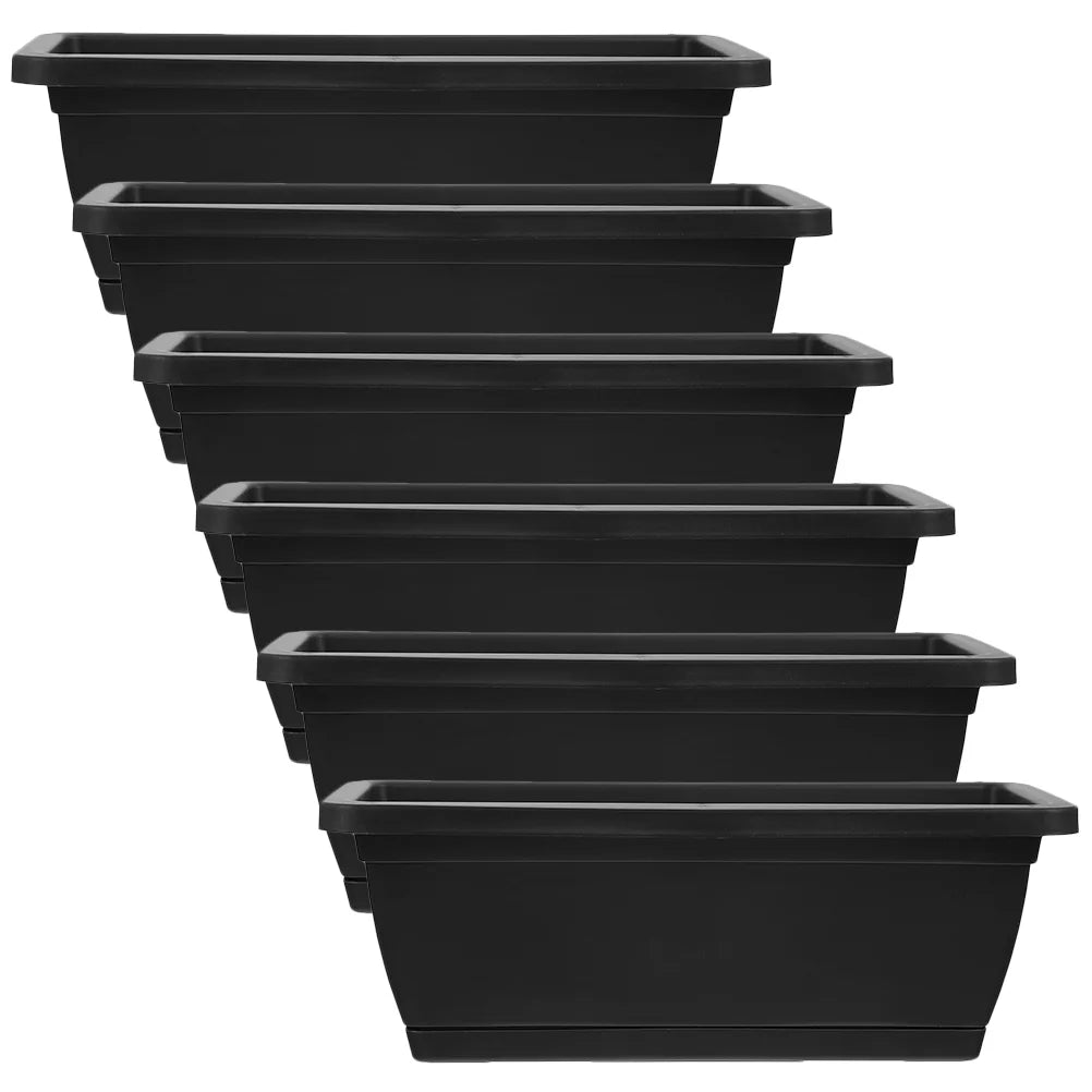 6 Piece Rectangular Plastic Planter Boxes with Drainage Trays for Indoor Outdoor Windowsill Garden Plants