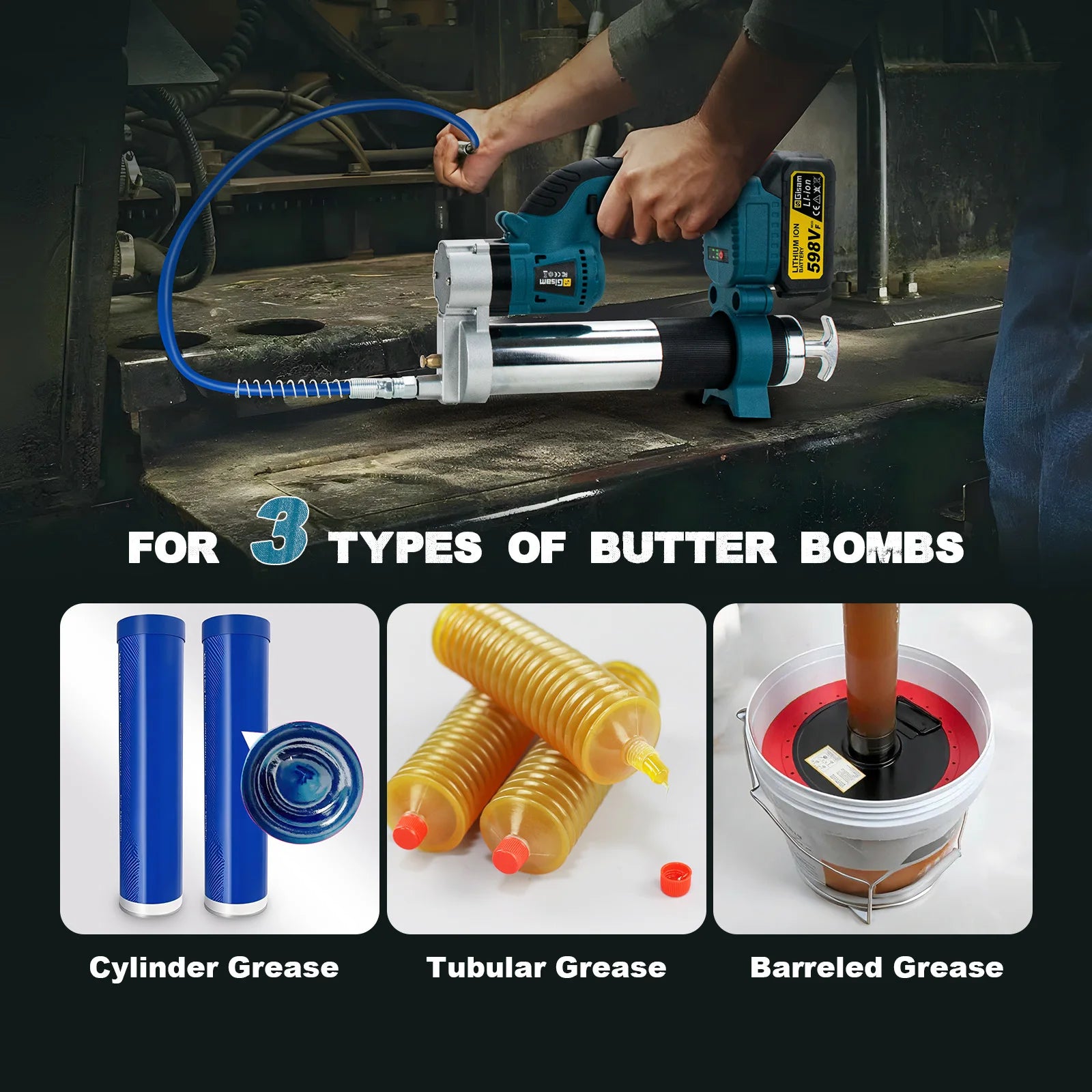 Cordless Brushless Electric Grease Gun 960W 69MPa High Pressure Lubrication Tool with Work Light