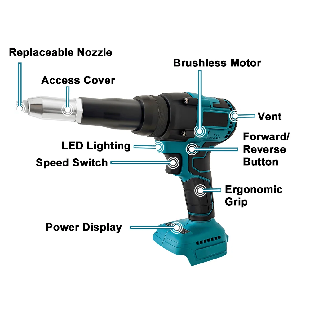 Cordless Brushless Electric Rivet Gun 2.4-5.0mm Automatic Riveting Tool for 18V Lithium Battery
