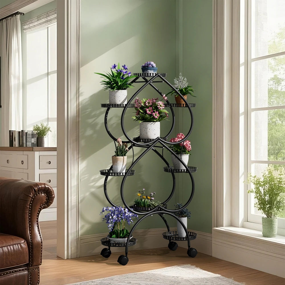 6-Tier Heart-Shaped Plant Stand with Wheels Metal Flower Rack for Indoor Outdoor Use