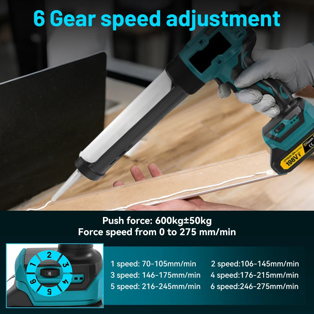 Cordless Electric Caulking Gun 6-Speed 300ml Sealant Cartridge Dispenser with LED Light