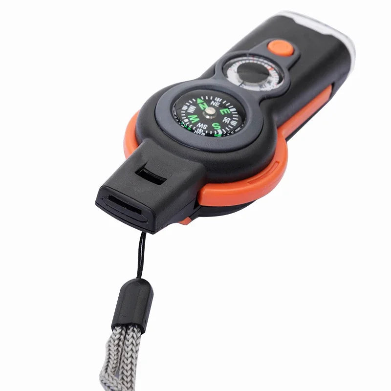 Portable 7-in-1 Outdoor Survival Tool with Compass, LED Flashlight, Whistle and Thermometer