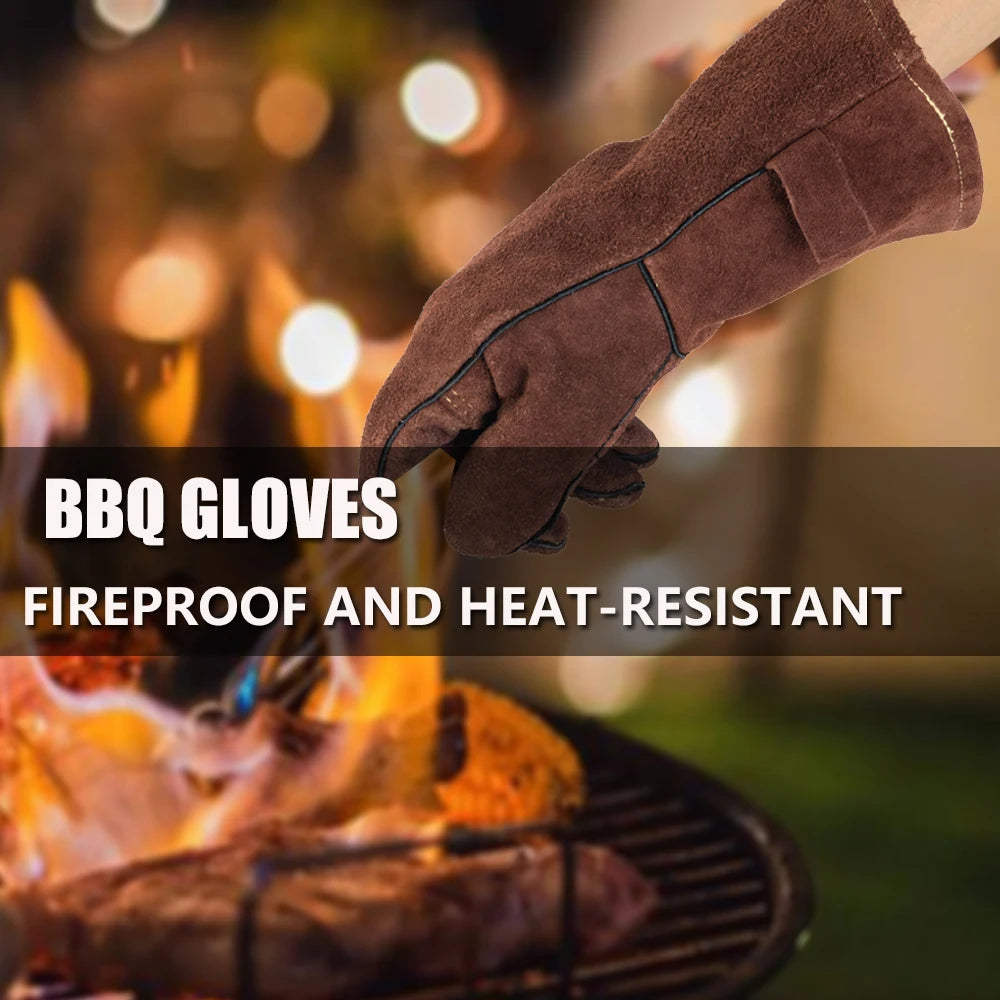Leather Work Gloves Heavy Duty Cow Split Leather 35cm Welding BBQ Oven Workshop Gloves Pair