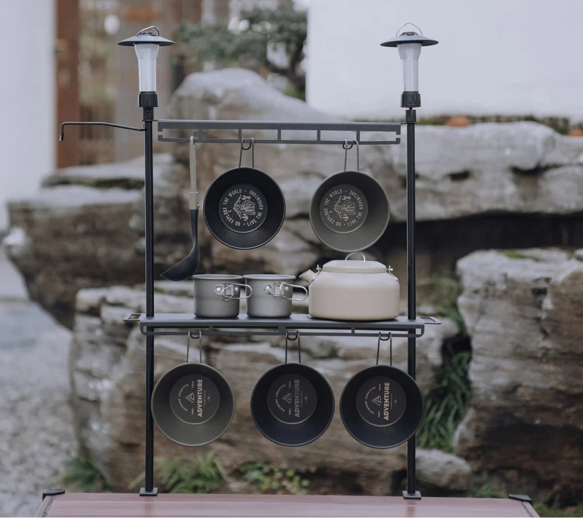 Detachable Aluminum Camping Table Organizer Rack with Shelf and Hanging Bar