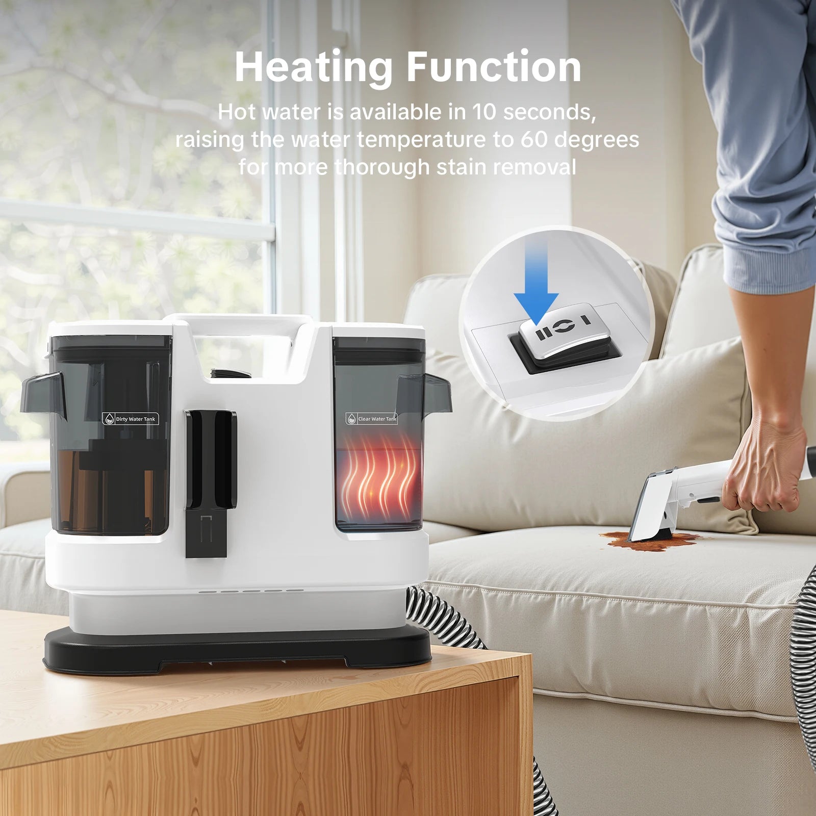 Handheld Carpet Cleaner 800W Hot Water Cleaning Machine for Sofa Rugs Car Interior 1.75L Tank