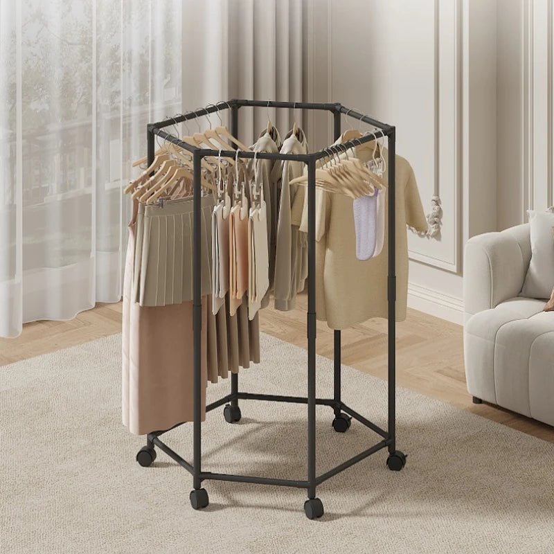 Hexagon Clothes Rack with Wheels Freestanding Metal Garment Rack Rotating Coat and Hat Storage Stand