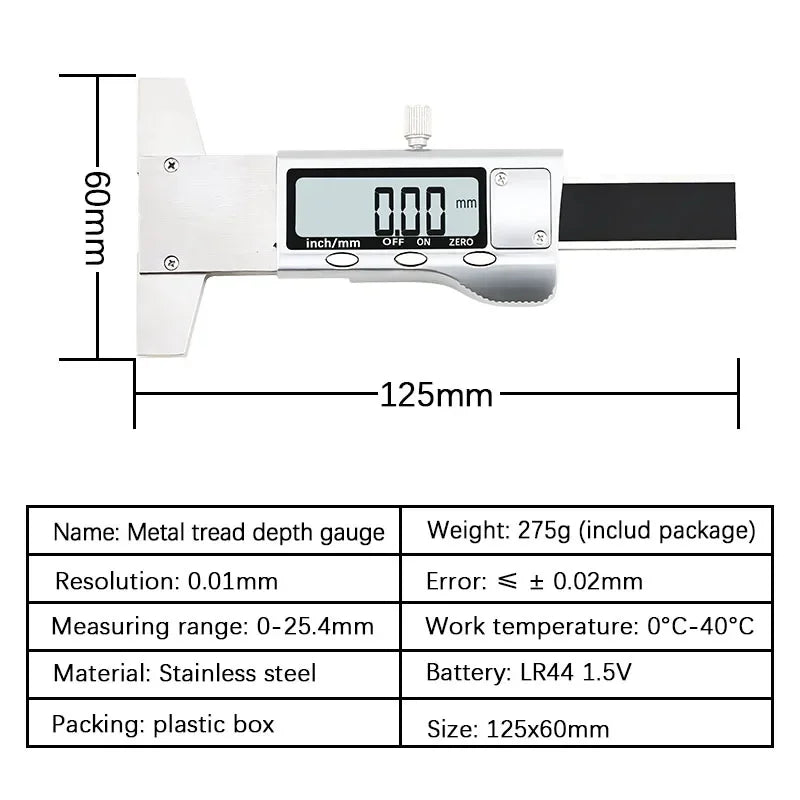 Digital Tyre Tread Depth Gauge 0-25mm LCD Stainless Steel Measuring Tool for Vehicle Maintenance