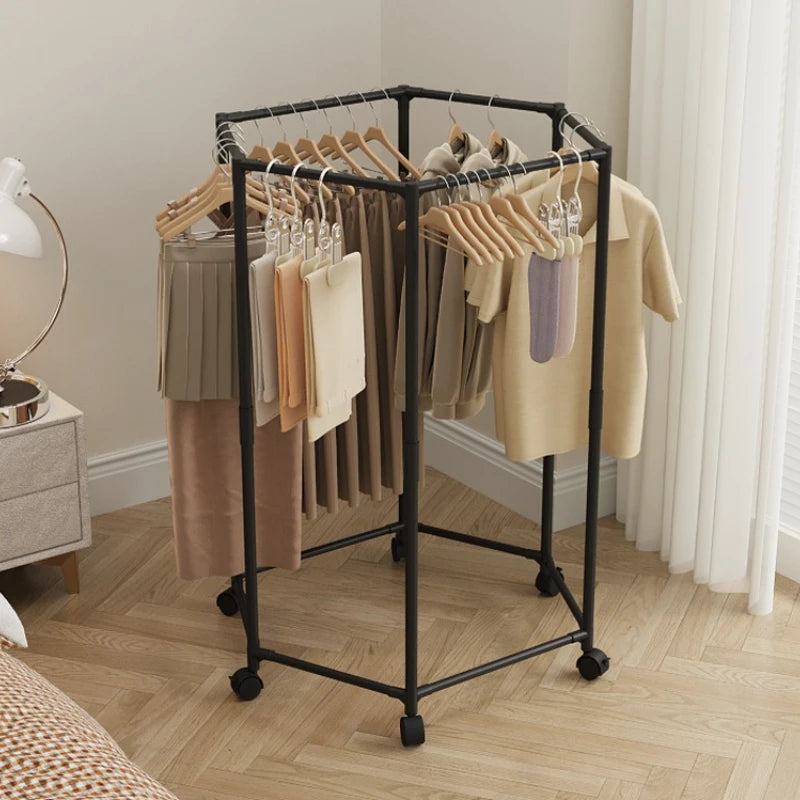 Hexagon Clothes Rack with Wheels Freestanding Metal Garment Rack Rotating Coat and Hat Storage Stand