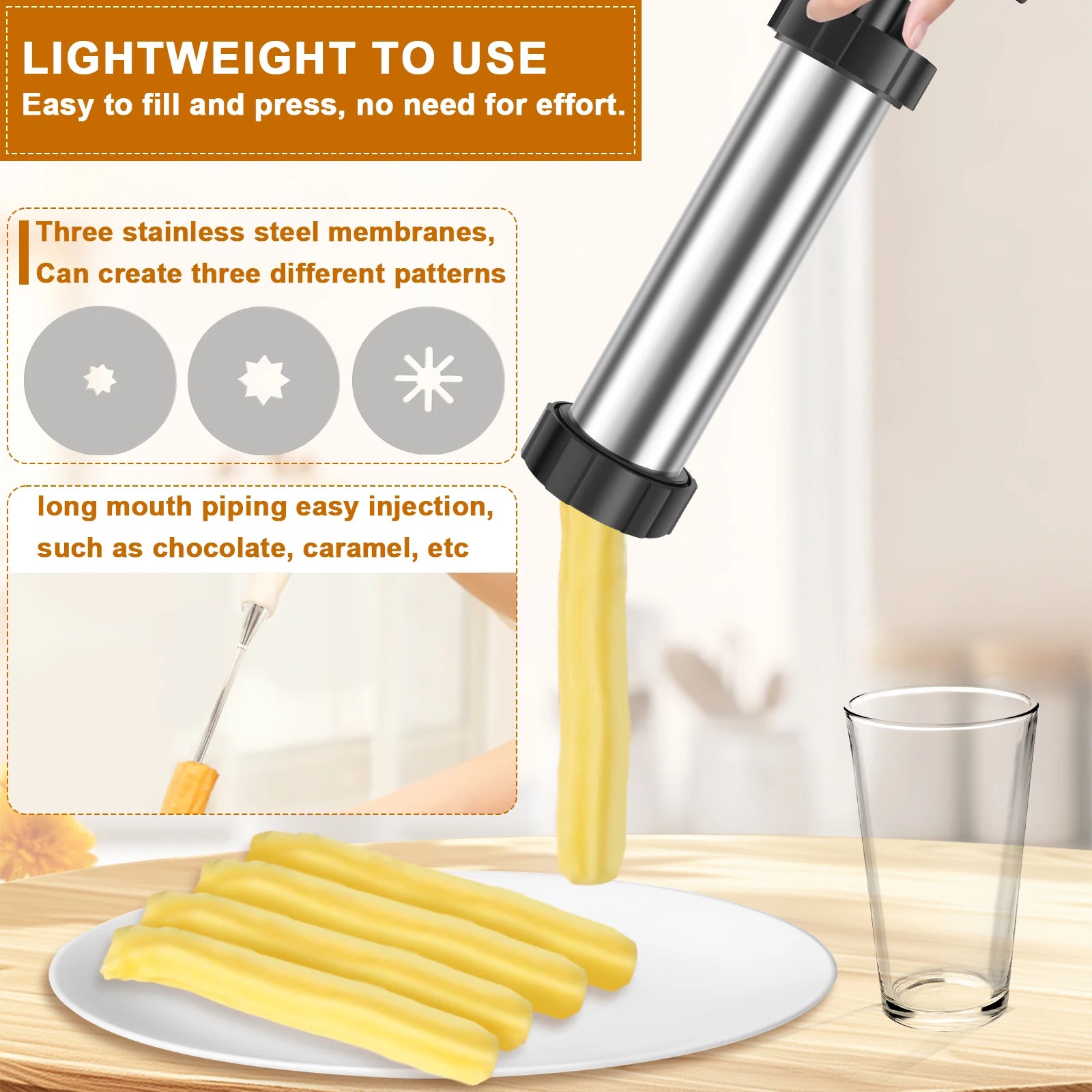 Stainless Steel Churro Maker Kit with 3 Nozzles Reusable Piping Bag Filling Tools and Cleaning Brushes