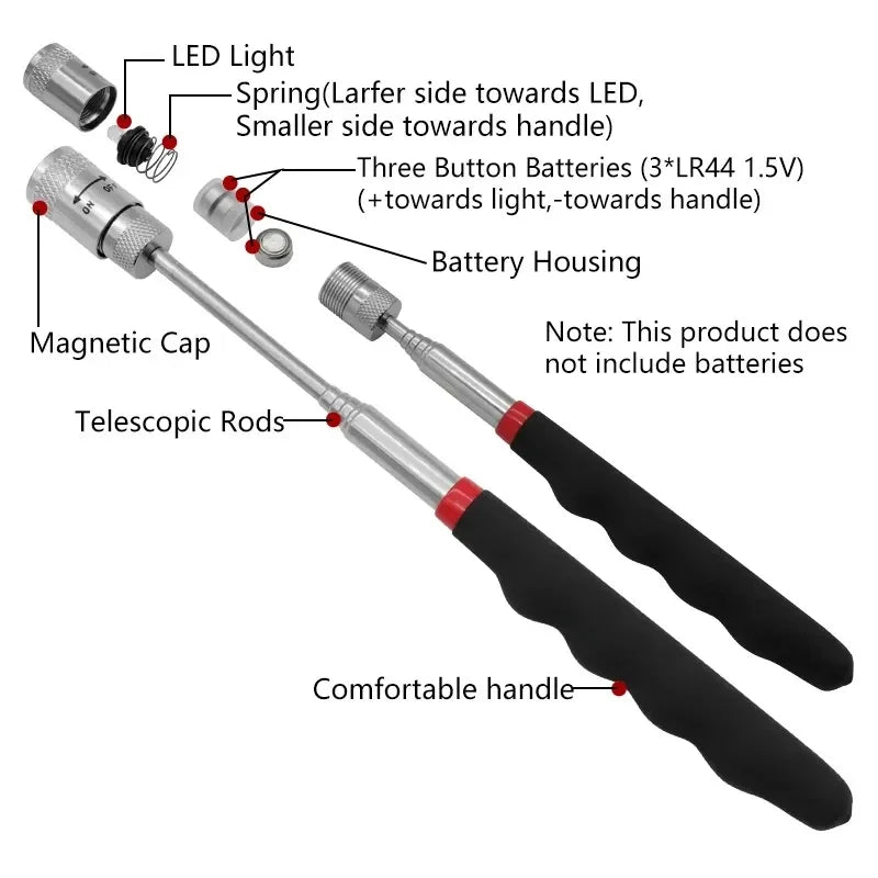 Telescopic Magnetic Pickup Tool with LED Light Portable Extendable Pen for Screws Nuts Bolts Metal Parts