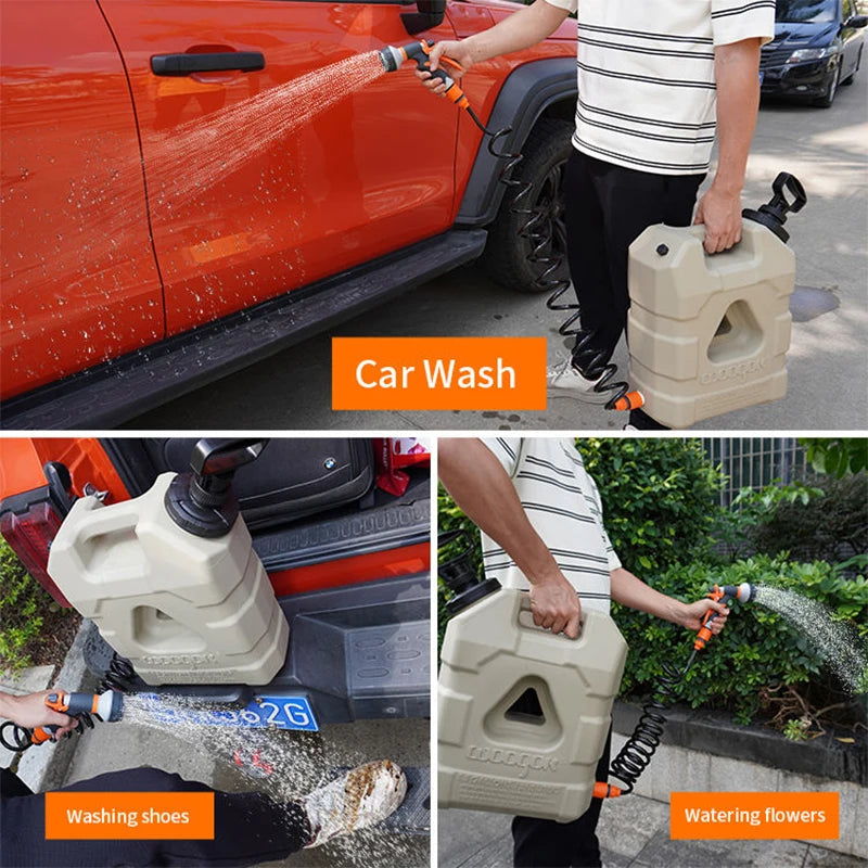 21L Portable Camping Water Tank with Manual Pressure Pump, Spray Head and Coiled Hose