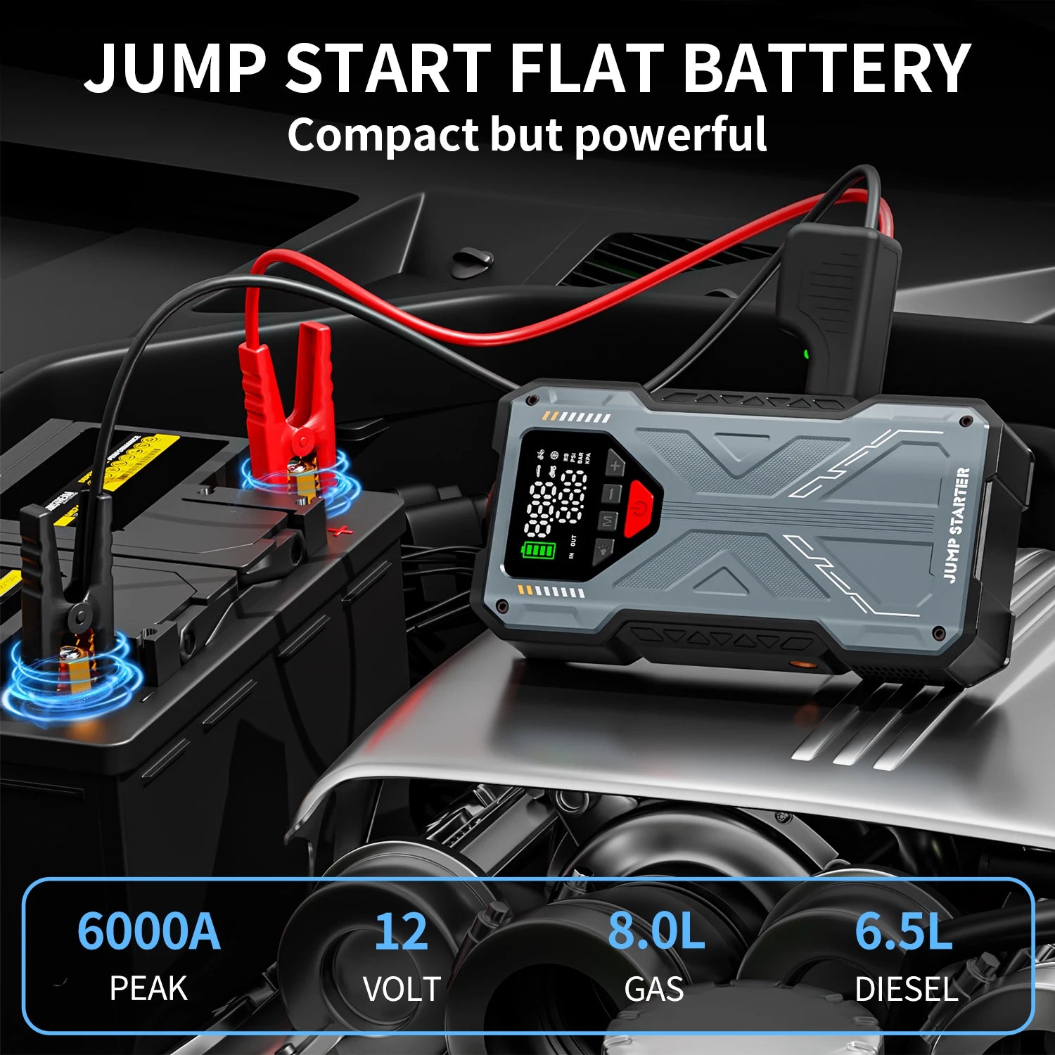 2-in-1 Jump Starter 6000A with Air Compressor Portable 12V Battery Booster and Inflator