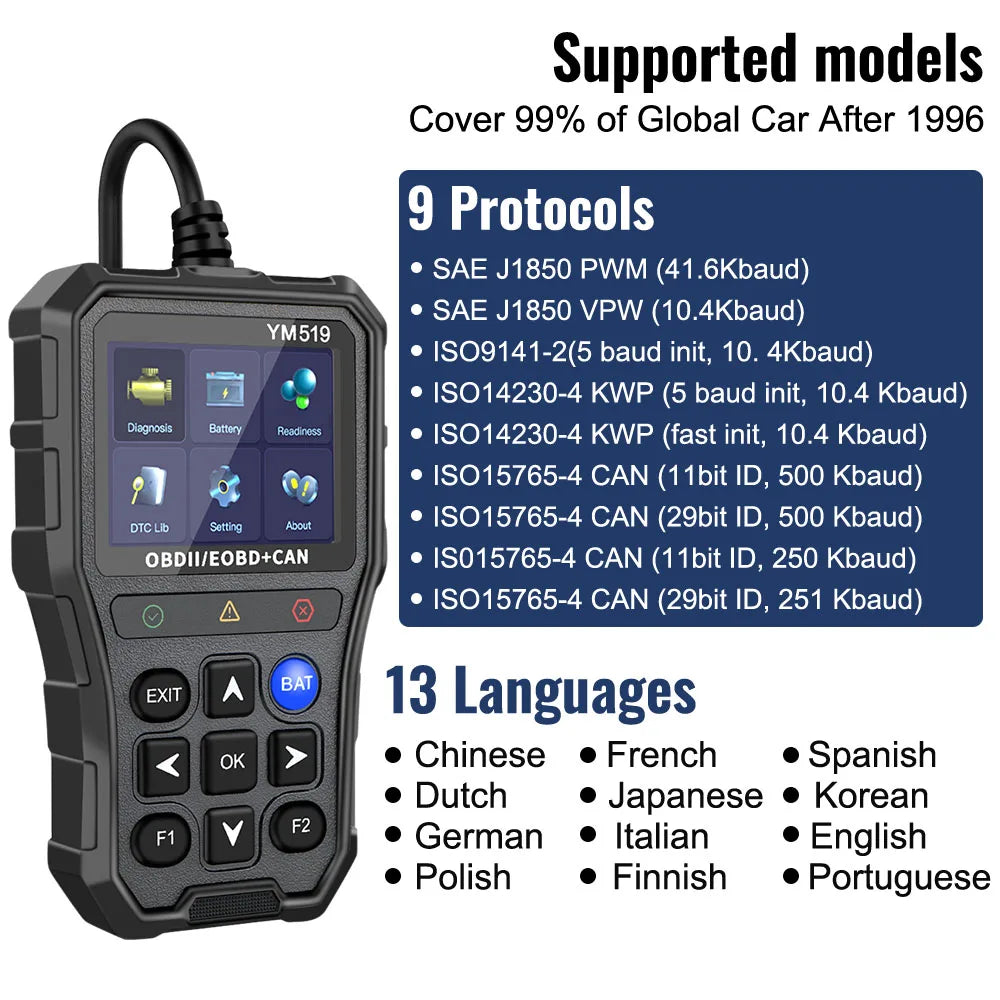 Portable OBD2 Scanner Code Reader with Battery Voltage Test Car Diagnostic Tool