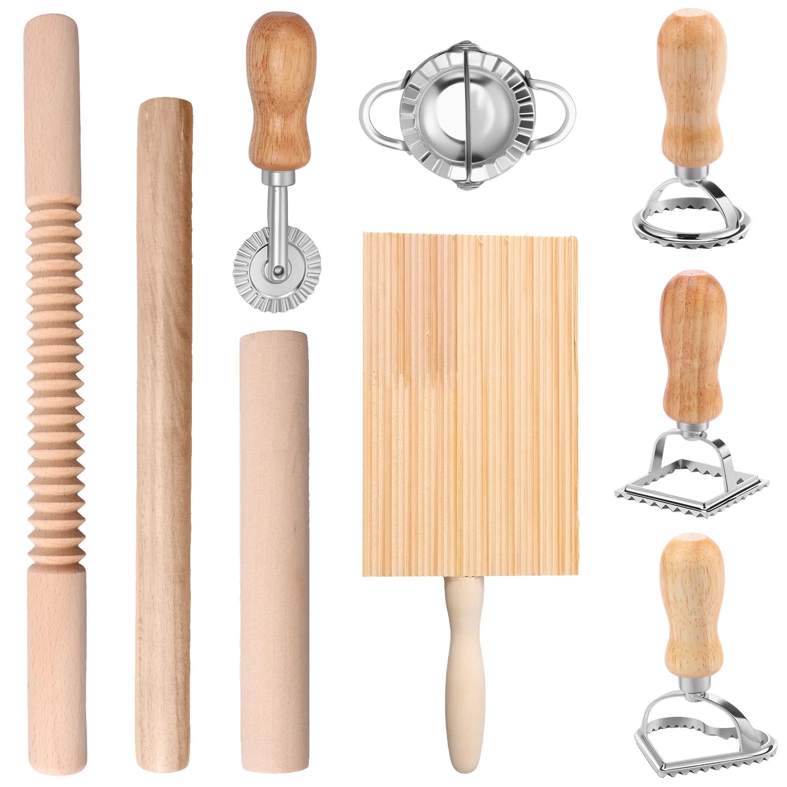 9 Piece Pasta Making Tool Set with Ravioli Stamps Rolling Pins Gnocchi Board Dough Cutter Stainless Steel