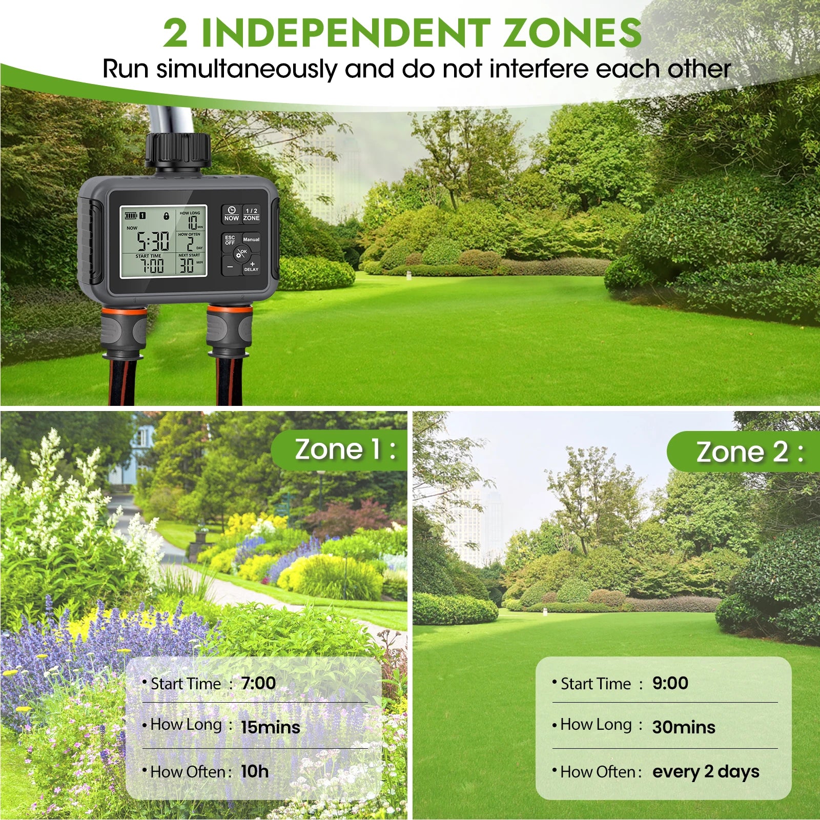 Smart 2-Zone Garden Hose Water Timer with Programmable Schedule and Rain Delay for Yard Irrigation