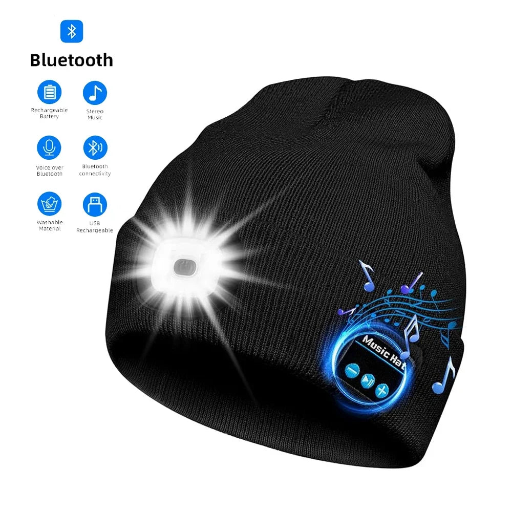 Rechargeable Bluetooth Beanie Hat with LED Light and Built in Stereo Speakers Hands Free Audio