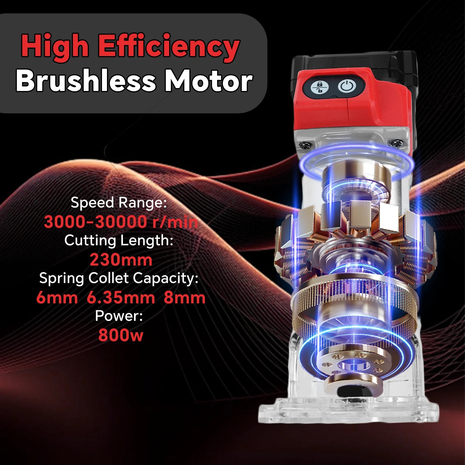 Cordless Wood Router 800W Brushless 30000RPM 5-Speed 18V Trimmer with 5 Router Bits