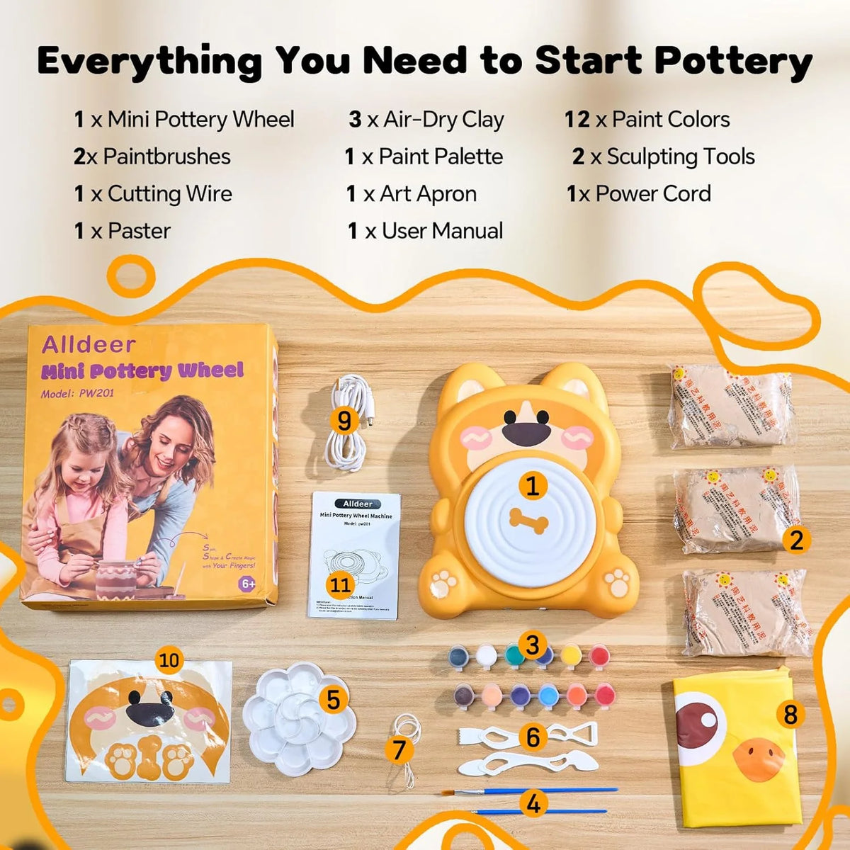 Mini Electric Pottery Wheel Craft Set with Air Dry Clay, Paints and Sculpting Tools
