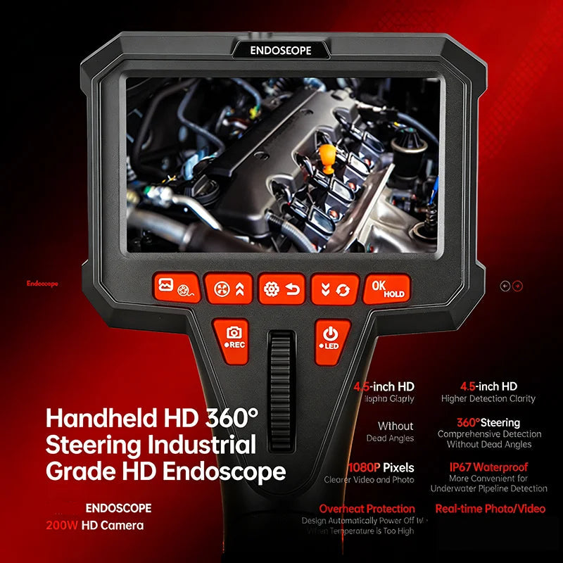 360 Articulating Borescope 1080P 6mm 4.5inch LCD Monitor Industrial Inspection Camera Diesel Engine Inspection Pipeline Aviation