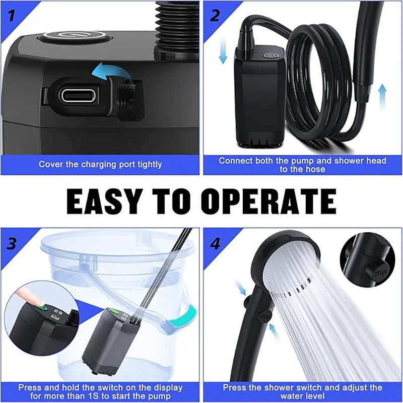 Portable Rechargeable Camping Shower with LED Display 6000mAh Electric Shower Pump and Adjustable Shower Head