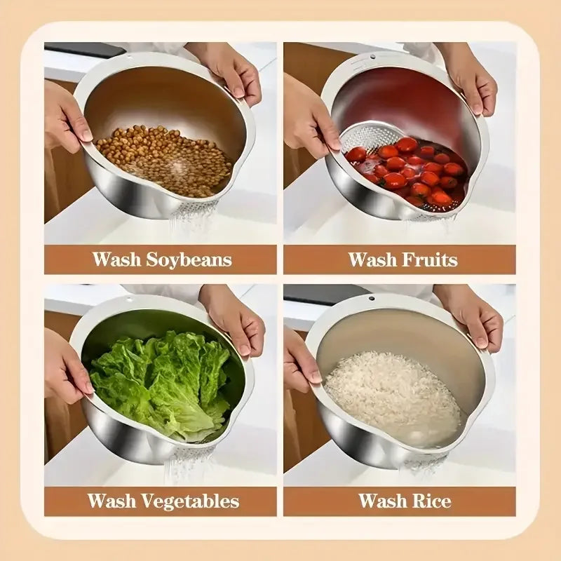 Stainless Steel Rice Washing Bowl with Integrated Strainer Colander for Rice Fruit and Vegetable Washing