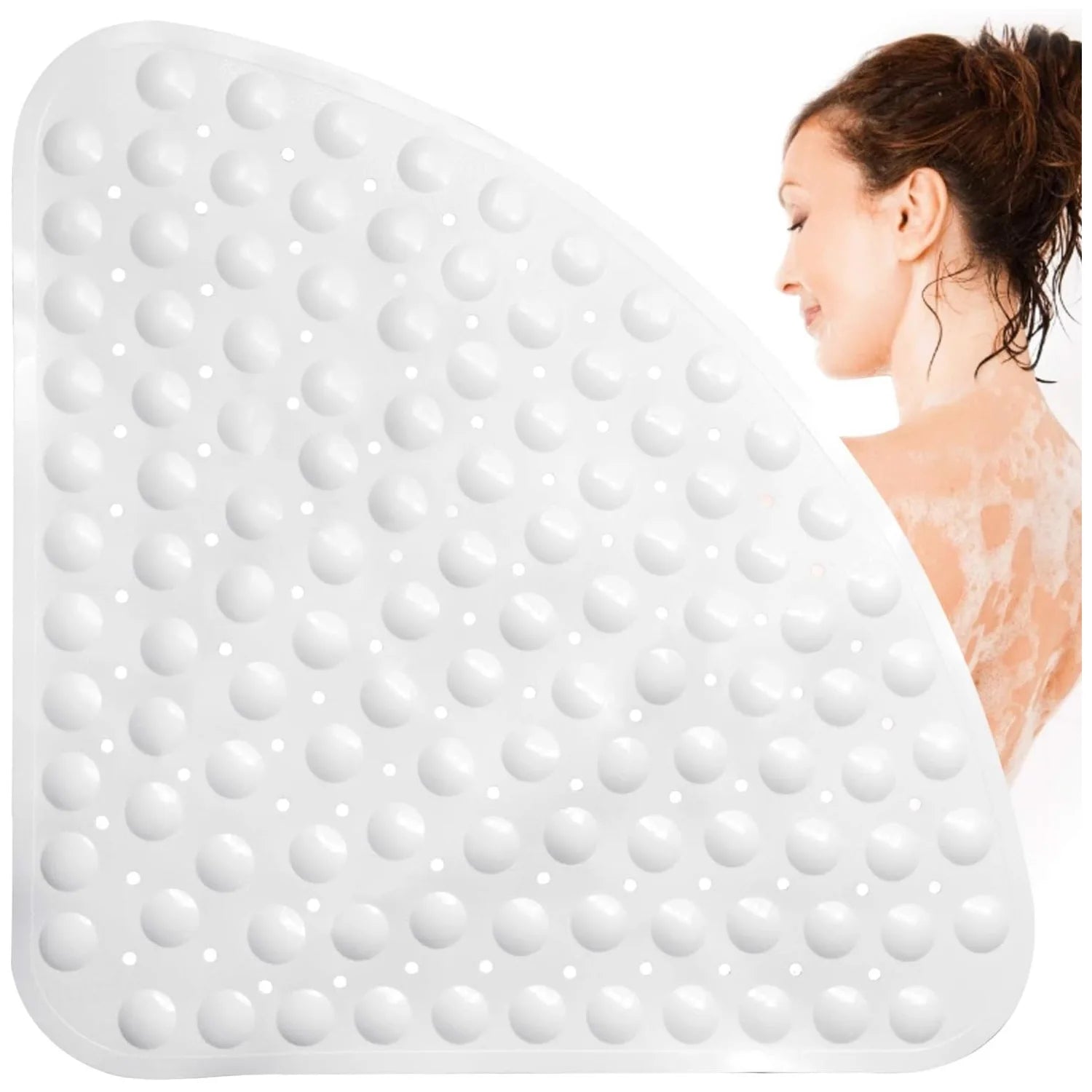 Non-Slip Corner Bath Mat 54cm PVC Shower Floor Mat with Suction Cups and Quick Drainage Design