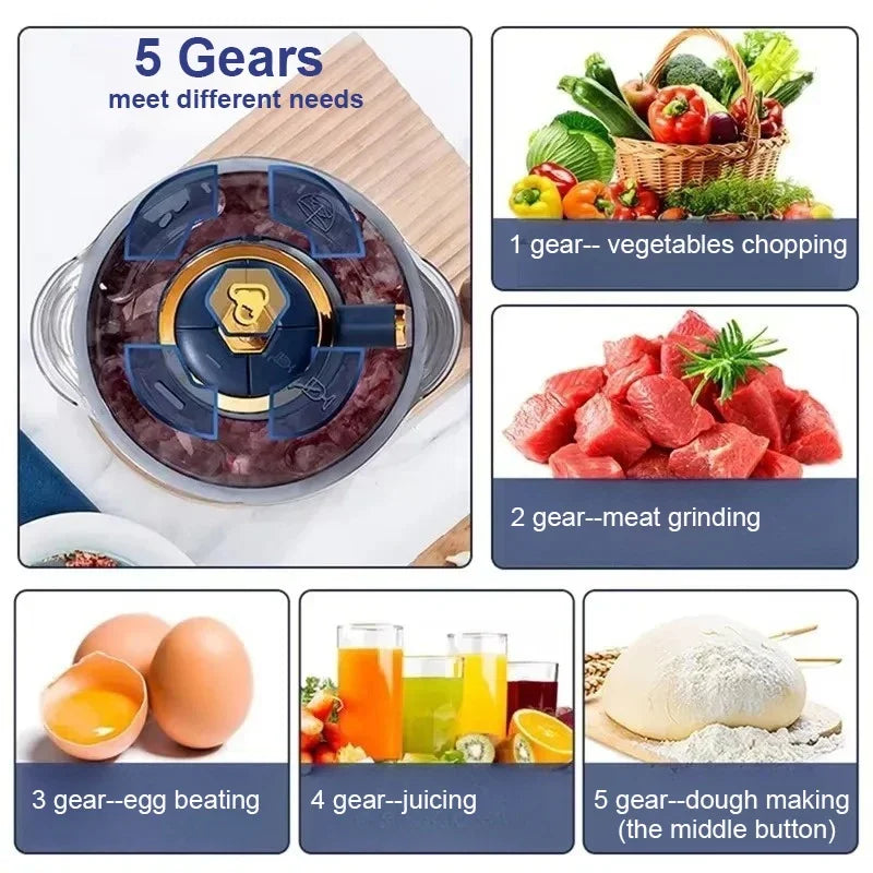 Electric Meat Grinder 5L Stainless Steel Food Processor Vegetable Chopper 500W 5-Speed Multi-Function