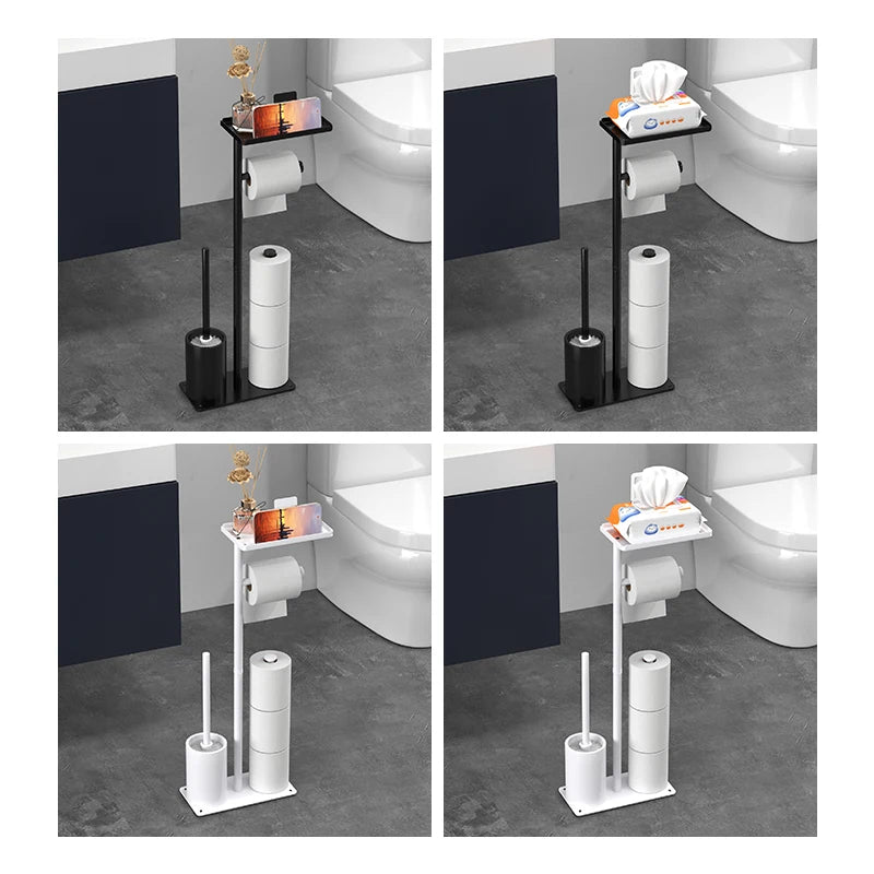 Floor Standing Toilet Paper Holder with Toilet Brush Holder and Storage Shelf Waterproof Metal Bathroom Organizer