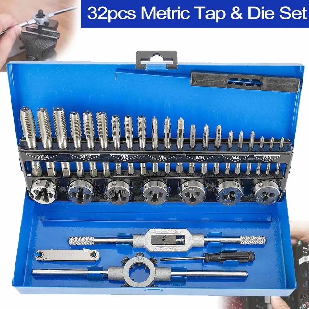 Tap and Die Set 32 Piece Metric Threading Tool Kit with Wrenches Pitch Gauge and Metal Case