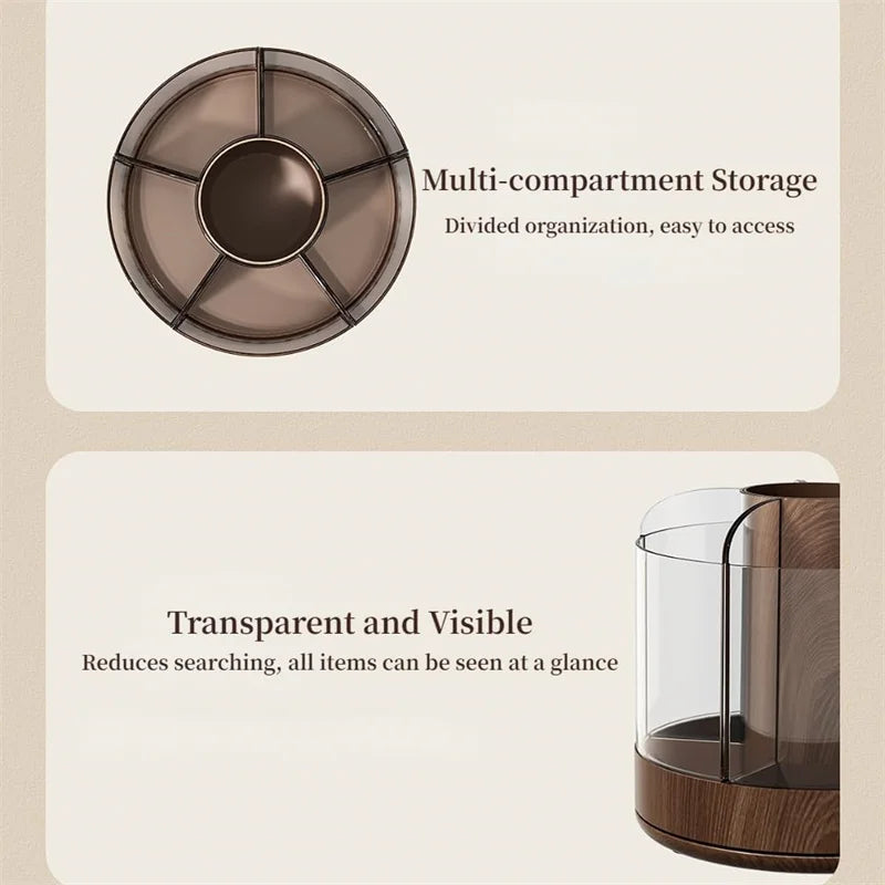 Rotating Makeup Brush Holder with 6 Compartments Acrylic Cosmetic Organizer and Wooden Base