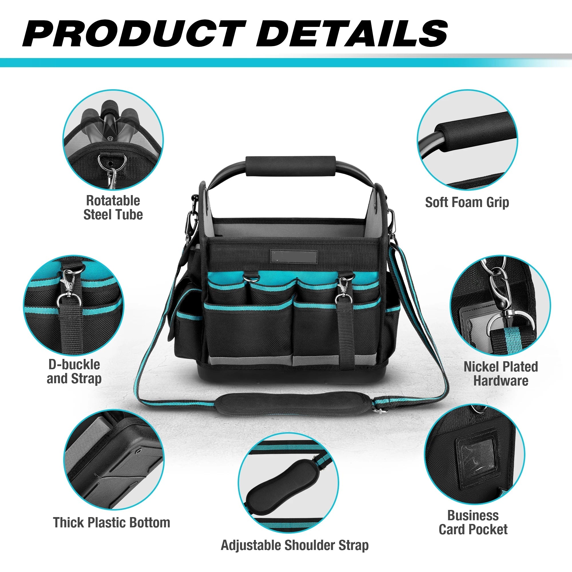 Portable 12 Inch Tool Tote Bag with Wide Mouth Opening and Multiple Storage Pockets