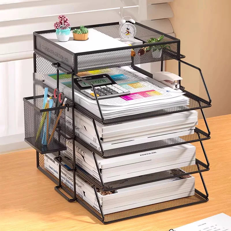 Metal Mesh Desktop Document Organizer with 3 Tier Letter Trays and Pen Holder for A4 Files