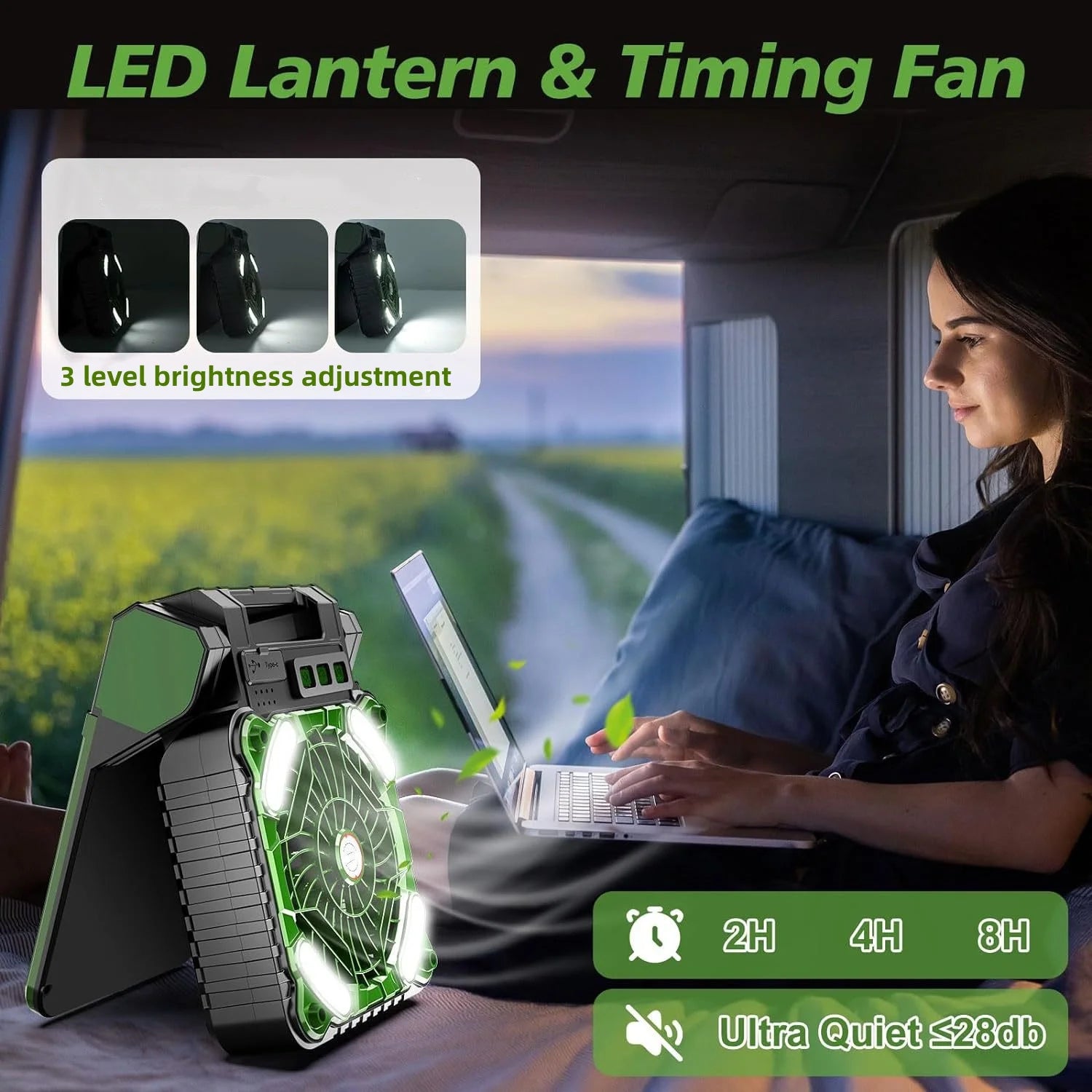 Rechargeable Solar Camping Fan with LED Lantern 7800mAh Battery 4 Speed Portable Table Fan