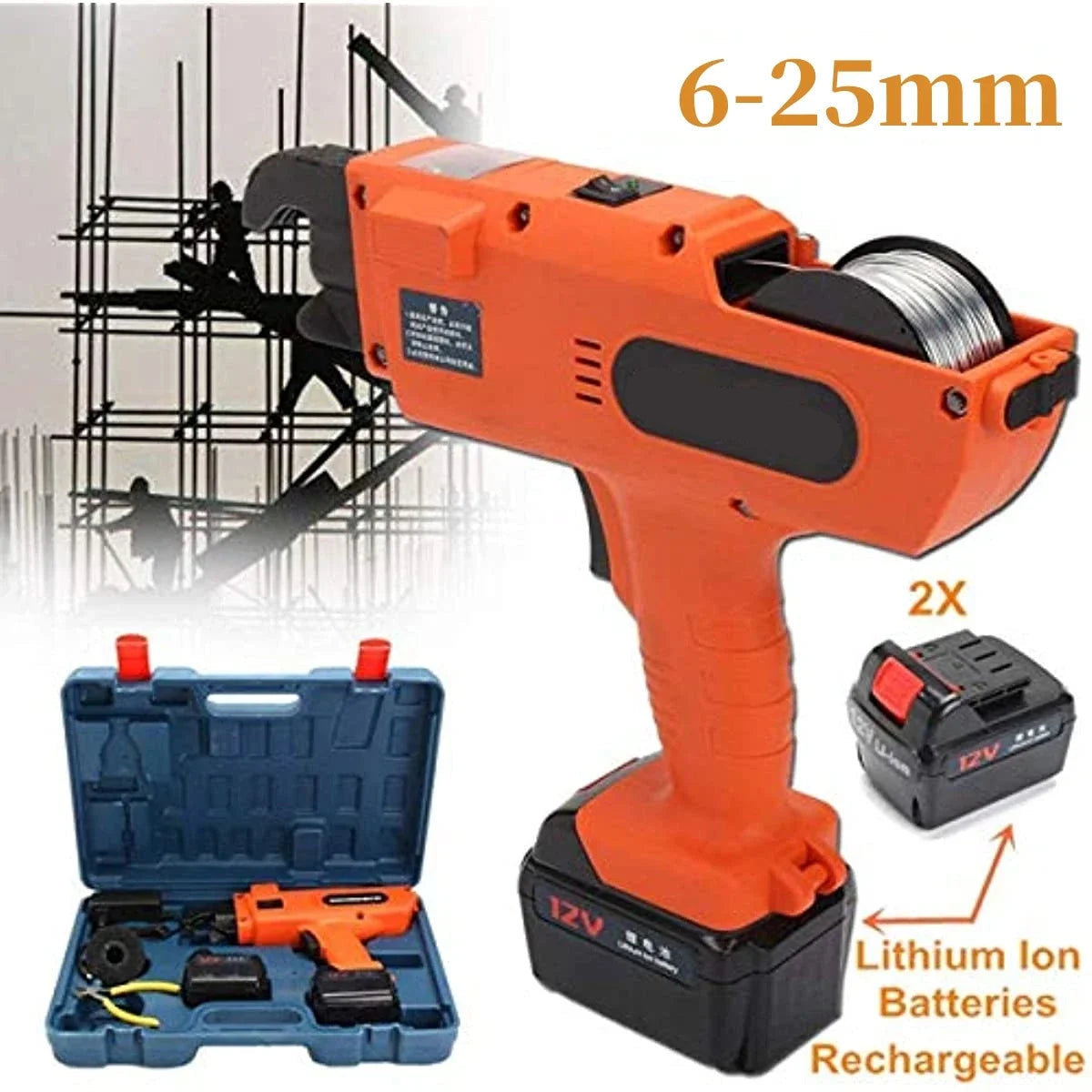 Cordless Rebar Tying Machine 12V 4500mAh Automatic Binding Tool for 6-25mm Steel Bar Fastening