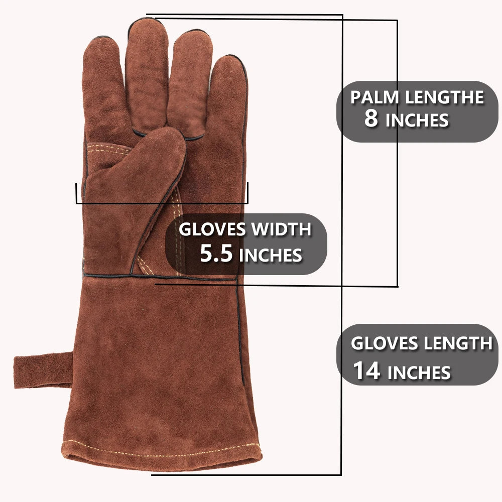 Leather Work Gloves Heavy Duty Cow Split Leather 35cm Welding BBQ Oven Workshop Gloves Pair