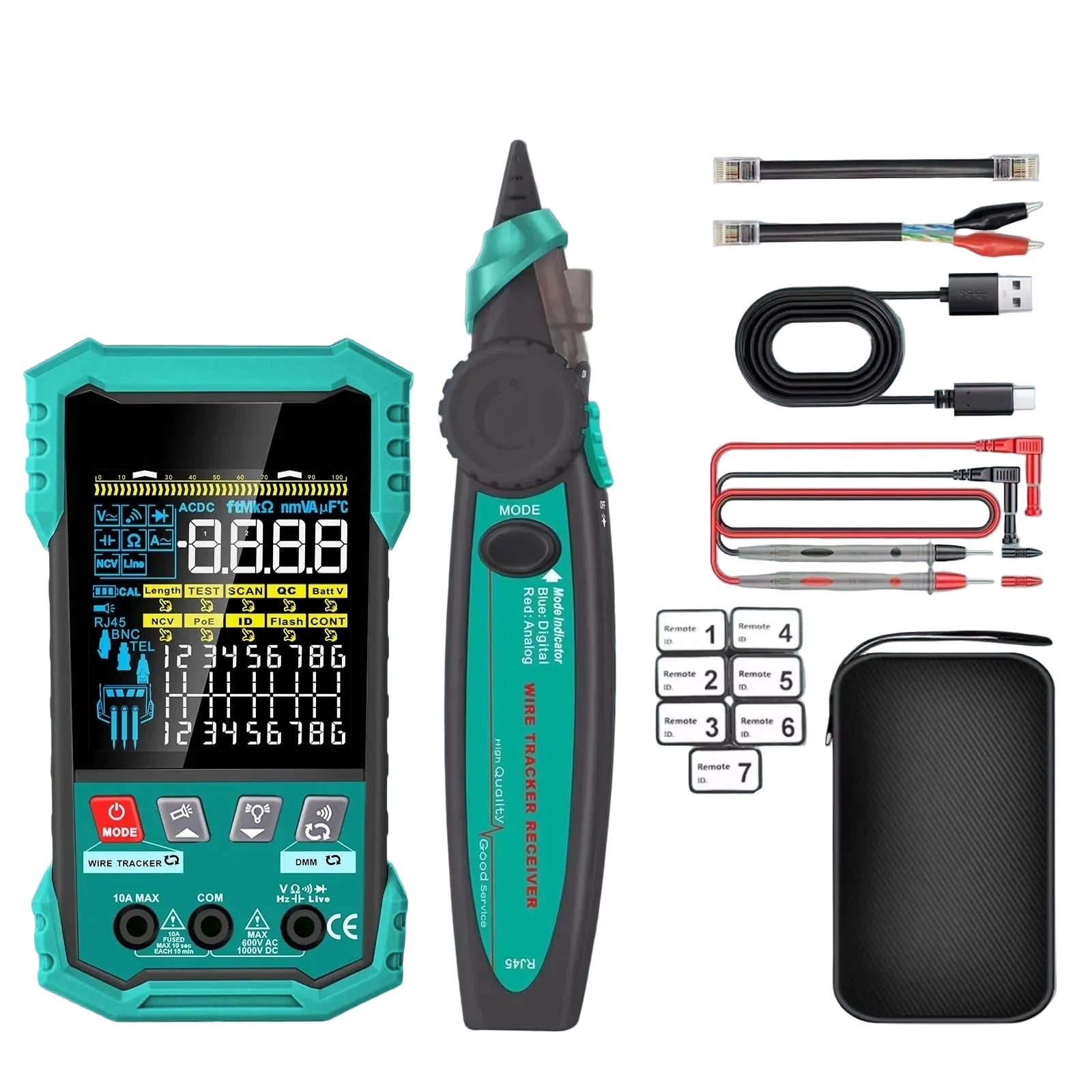 Network Cable Tester and Wire Tracker with Color Display POE Detection Breakpoint Testing and 7 ID Modules